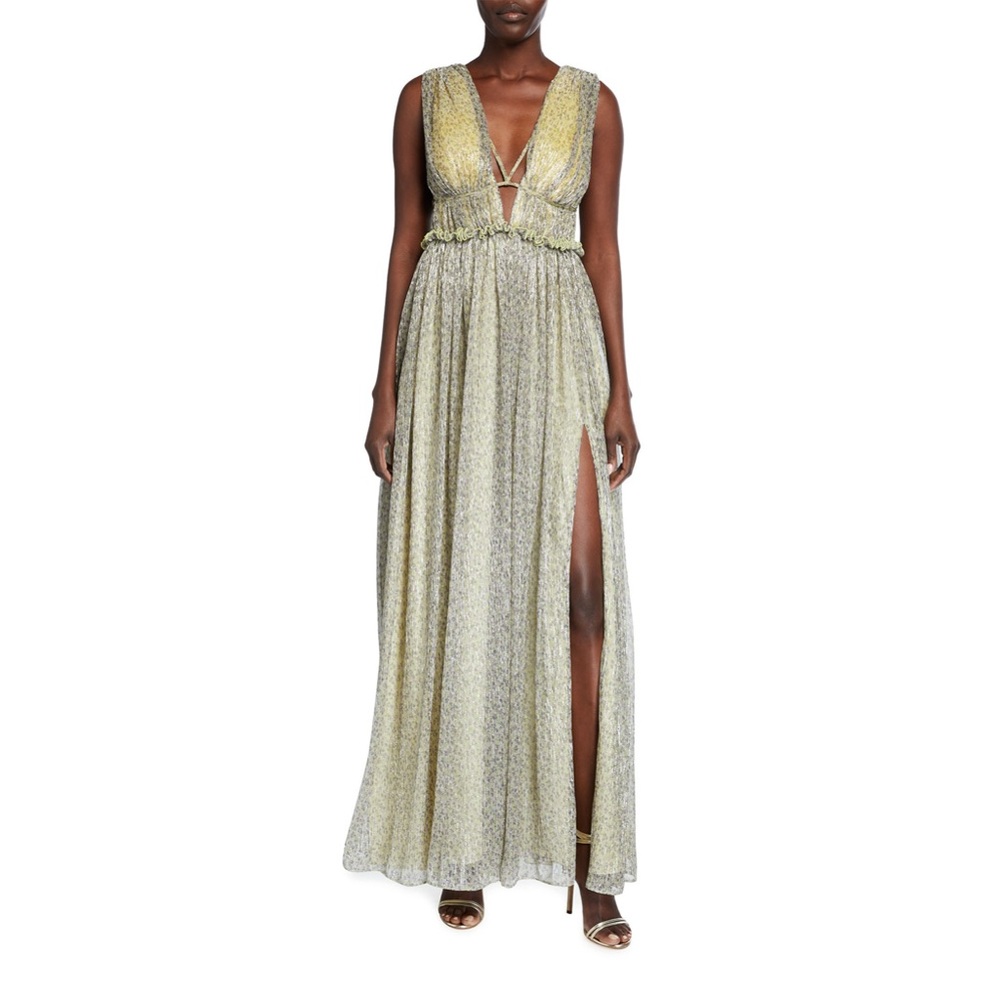 Jonathan Simkhai Metallic Plissé Open-Neck Maxi Dress size 6